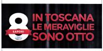 IL LOGO SI COMPONE DELLE PAROLE: 8 NUMERO - SAPORI - IN TOSCANA LE MERAVIGLIE SONO OTTO LETTERE . 8 SAPORI LOGO SI COMPONE DELLE PAROLE: 8 NUMERO - SAPORI - IN TOSCANA LE MERAVIGLIE SONO OTTO LETTERE . 8 SAPORI IN TOSCANA LE MERAVIGLIE SONO OTTO E UN LOGO CHE SI SVILUPPA ORIZZONTALMENTE SU SFONDO NERO. 8 NUMERO E RAFFIGURATO IN COLORE BIANCO FASCIATO DA UN BANNER ORIZZONTALE DI COLORE ROSSO CARDINALE SBIADITO CON SOPRA SCRITTO SAPORI DI COLORAZIONE BIANCO; IL FONT E BASTONATO SENZA GRAZIE. LA BASE DELL 8 NUMERO INCLUDE IL LOGO DELL AZIENDA MADRE SALUMERIA DI MONTE SAN SAVINO IL LOGO SI COMPONE DI UNA FIGURA A FORMA ELLITTICA CON TRACCIA BLU E RIEMPIMENTO BIANCO, ALL INTERNO DELLA FIGURA A SFONDO BIANCO C E SCRITTO SALUMERIA DI MONTE SAN SAVINO IN COLORE BLU- SOTTO ALLA SCRITTA, ALL INTERNO DELL ELLISSE, PARTE UNA STRISCIA DECORATIVA CHE SIMBOLEGGIA L ITALIA, COLORI VERDE BIANCO E ROSSO . IN TOSCANA LE MERAVIGLIE SONO OTTO SI DISPONE IN TRE FILE CON COLORE PRINCIPALE ROSSO CARDINALE SBIADITO, RISPETTIVAMENTE NELLE SEGUENTI SEGMENTAZIONI: IN TOSCANA-LE MERAVIGLIE- SONO OTTO; IL FONT E BASTONATO SENZA GRAZIE IL LOGO SI COMPONE DELLE PAROLE: 8 NUMERO - SAPORI - IN TOSCANA LE MERAVIGLIE SONO OTTO LETTERE . 8 SAPORI