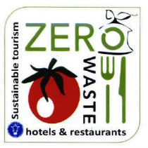 HOTELS RESTAURANTS ZERO WASTE - SUSTAINABLE TOURISM HOTEL E RISTORANTI RIFIUTI ZERO - TURISMO SOSTENIBILE MARCHIO SI COMPONE DI UN QUADRO BIANCO CON BORDO VERDE CHIARO CON ALL INTERNO: LE SCRITTE IN NERO, SUSTAINABLE TOURISM A SINISTRA E HOTELS RESTAURANTS IN BASSO ; LA SCRITTA IN VERDE CHIARO, ZERO CON O SPEZZATA, RACCHIUSA IN UN SACCHETTO, IN ALTO; E LA SCRITTA WASTE IN NERO CON A LATO UNA FORCHETTA E UN COLTELLO IN VERDE CHIARO A DESTRA. AL CENTRO SI TROVA L ICONA DI UN POMODORO ROSSO CON FOGLIE VERDE SCURO. HOTELS RESTAURANTS ZERO WASTE - SUSTAINABLE TOURISM HOTEL E RISTORANTI RIFIUTI ZERO - TURISMO SOSTENIBILE