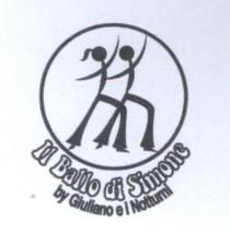 Marchio costituito da un cerchio con all interno due figure stilizzate morbide di un uomo e una donna con pantaloni a Marchio costituito da un cerchio con all interno due figure stilizzate morbide di un uomo e una donna con pantaloni a zampa di elefante e scarpe a punta che stanno ballando. Sotto in carattere fantasia bombato la scritta BALLO DI SIMONE e in carattere lineare sotto ancora BY GIULIANO E I NOTTURNI . Marchio costituito da un cerchio con all interno due figure stilizzate morbide di un uomo e una donna con pantaloni a