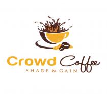 Crowd Coffee è composto dalla parola crowd di color giallo oro, dalla parola Coffee di color marrone e dalle parole Crowd Coffee è composto dalla parola crowd di color giallo oro, dalla parola Coffee di color marrone e dalle parole Share Gain situate al di sotto delle parole principali di color giallo oro che costituiscono uno slogan accessorio al marchio. In seconda linea è presente la figura stilizzata di una tazzina di caffè color giallo oro e marrone alla cui base poggiano due chicchi di caffè e delle pepite d oro. Gli schizzi di caffè raffigurano persone che esultano, due delle quali di color beige. Contorni neri Crowd Coffee è composto dalla parola crowd di color giallo oro, dalla parola Coffee di color marrone e dalle parole