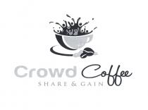 Crow Coffee è composto dalla parola Crowd, dalla parola Coffee, e dalle parole Share Gain situate al di sotto Crow Coffee è composto dalla parola Crowd, dalla parola Coffee, e dalle parole Share Gain situate al di sotto delle parole principali che costituiscono uno slogan accessorio al marchio. In seconda linea è presente la figura stilizzata di una tazzina di caffè alla cui base poggiano due chicchi di caffè e delle pepite d oro. Gli schizzi di caffè raffigurano persone che esultano. Crow Coffee è composto dalla parola Crowd, dalla parola Coffee, e dalle parole Share Gain situate al di sotto