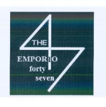 THE EMPORIO FORTY SEVEN scrittura the emporio forty seven in italiano l emporio quarantasette, con il 47 scritto sia a lettere in THE EMPORIO FORTY SEVEN scrittura the emporio forty seven in italiano l emporio quarantasette, con 47 scritto sia a lettere in inglese e sia a numero, con la i di emporio posto all interno della gamba del numero 4 e con questo numero aggangiato al numero 7. La the è posta all interno del numero quattro. THE EMPORIO FORTY SEVEN scrittura the emporio forty seven in italiano l emporio