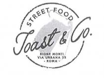 TOAST CO. marchio figurativo composto dalla dicitura toast co. sovrapposta ad elemento circolare nel quale sono racchiuse le TOAST CO. marchio figurativo composto dalla dicitura toast co. sovrapposta elemento circolare nel quale sono racchiuse le diciture Street food posta nella parte superiore e rione monti via urbana 35 roma posta nella parte inferiore; sfondo disegno di sacchetto porta cibo. TOAST CO. marchio figurativo composto dalla dicitura toast co. sovrapposta ad elemento circolare nel quale sono racchiuse le