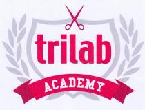 Marchio figurativo come da rappresentazione grafica allegata comprendente le diciture trilab ACADEMY in caratteri stilizzati, ricompresa nell ambito di una rappresentazione Marchio figurativo come da rappresentazione grafica allegata comprendente le diciture trilab ACADEMY in caratteri stilizzati, ricompresa nell ambito di una rappresentazione grafica di fantasia in cui la dicitura trilab di colore magenta pantone 226 è ricompresa nell ambito di una cornice sagomata idealmente a guisa di scudo, lateralmente cinta da rappresentazioni idealmente a guisa di rami con foglie, tutto di colore grigio, ed in cui al di sopra della dicitura trilab è la stilizzazione di una forbice aperta di colore magenta pantone 226, ove al di sotto della detta dicitura trilab medesima è la stilizzazione di un nastro sagomato di colore magenta pantone 226 sul quale campeggia in contrasto la dicitura ACADEMY di colore bianco. Marchio figurativo come da rappresentazione grafica allegata comprendente le diciture trilab ACADEMY in caratteri stilizzati, ricompresa nell ambito di una rappresentazione
