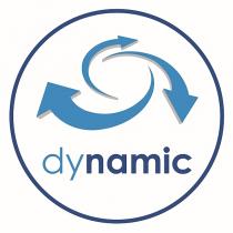 il marchio consiste nella parola DYNAMIC scritta in un carattere stampatello minuscolo di fantasia con il prefisso DY in colore marchio consiste nella parola DYNAMIC scritta in un carattere stampatello minuscolo di fantasia con il prefisso DY in colore azzurro e il suffisso NAMIC in colore blu, sopra la quale si trova la rappresentazione stilizzata di tre frecce arcuate disposte in cerchio di colore azzurro con ombra grigia. Il tutto è posto entro una cornice circolare di colore blu. il marchio consiste nella parola DYNAMIC scritta in un carattere stampatello minuscolo di fantasia con il prefisso DY in colore