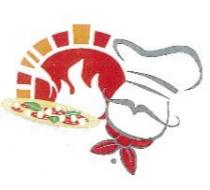 marchio è costituito da una figura che rappresenta, in modo stilizzato, un pizzaiolo con un piatto contenente una pizza, marchio è costituito da una figura che rappresenta, in modo stilizzato, un pizzaiolo con un piatto contenente una pizza, davanti alla bocca di un forno a legna. in particolare il disegno è composto da tre parti: 1 parte destra del marchio: pizzaiolo rappresentato dall ovale di un viso stilizzato senza occhi, con baffi alla Umberto I arricciati in alto, che indossa un cappello da chef ed il fazzoletto da collo da pizzaiolo. Sotto il nodo del fazzoletto, al centro della figura, è disegnato un bottone; 2 parte sinistra del marchio: piatto da pizza stilizzato, con sopra pizza fumante condita con foglie di basilico, fiocchi di mozzarella e fette di salame; 3 parte centrale del marchio: bocca di un forno a legna costituita da volta di mattoncini con mattone centrale a chiave di volta, con all interno una fiamma stilizzata. Il marchio è costituito da una figura che rappresenta, in modo stilizzato, un pizzaiolo con un piatto contenente una pizza
