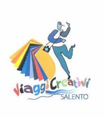SALENTO VIAGGI CREATIVI : Il marchio misto è formato dalle parole Viaggi Creativi scritte con lettere disegnate in originale e SALENTO VIAGGI CREATIVI : marchio misto è formato dalle parole Viaggi Creativi scritte con lettere disegnate in originale e ognuna con colore diverso rosso, nero, viola, cyan, viola chiaro, arancione, verde scuro, verde chiaro, violetto, ocra e grigio e dalla parola Salento scritta in carattere myripro light e in colore blu. Le parole si accompagnano a un immagine costituita da tre elementi: linee ondulate che rappresentano onde del mare in colore blu situate tra le parole viaggi Creativi e la parola Salento ; in alto a sinistra le pagine colorate di un libro sfogliato riproducono la forma della penisola salentina colori usati giallo-arancio, arancione, giallo, nero, cyan, blu, pervinca, grigio scuro, rosso, cyan scuro ; a destra la figura stilizzata di un viaggiatore in movimento con al collo una macchina fotografica; i colori usati sono: grigio, blu, grigio scuro, grigio freddo, nero. come da esemplare in allegato SALENTO VIAGGI CREATIVI : Il marchio misto è formato dalle parole Viaggi Creativi scritte con lettere disegnate in originale e