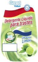 GREAT VALUE GREAT VALUE 100 SATISFACCIÓN O LA DEVOLUCIÓN DE TU DINERO DETERGENTE LÍQUIDO PARA TRASTES CON AROMA LIMÓN