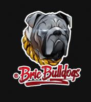 IMAGEN CARICATURIZADA DE LA CABEZA DE KAOS QUE ES UN BULLDOG INGLES;BLUE TRICOLOR; CON OJOS DESTELLANTES Y UNA CADENA DE ORO; DEBAJO EL NOMBRE; BRICBULLDOGS SUBRAYADO EN COLOR ROJO. MONTADO EN FONDO NEGRO