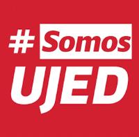 SOMOS UJED ESTA FORMADO Y TIPOGRAFÍAS MAS UN HASHTAG EN COLORES ROJO Y BLANCO