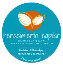 LOGOTIPO CIRCULAR COLOR AZUL (#0097B2); CON DOS HOJAS VEGETALES EN COLOR BLANCO (#FFFFFF) BORDE;MOSTAZA (#F4B52B) Y UN CÍRCULO CAFÉ (#BD6513). INCLUYE LEYENDA RENACIMIENTO CAPILAR. SHAMPOO ARTESANAL PARA CRECIMIENTO DEL CABELLO.