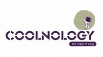 COOLNOLOGY; WE MAKE IT EASY; ASTRONAUTA; ESTRELLAS; CIRCULO GRIS; LETRAS MORADAS.