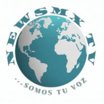 EL DISEÑO INCUYE UN MUNDO COLOR VERDE AZUL CON LA PALABRA NEWSMX TV QUE ES EL NOMBRE DEL MEDIO DE COMUNICACION Y ES SLOGAN ...SOMOS TU VOZ