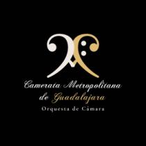 ORQUESTA METROPOLITANA DE GUADALAJARA. ORQUESTA DE CAMARA; SIGNO DE NOTACION MUSICAL DE CLAVE DE FA EN COLOR BLANCO Y COLOR BEIGE AL REVES