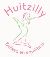 NOMBRE DE MARCA HUITZILLY CON SLOGAN BELLEZA EN EQUILIBRIO. SE ENCUENTRA LA FORMA DEL CUERPO DE UN COLIRÍ QUE A SU VEZ FORMA EL CUERPO DE UNA MUJER; SIMBOLIZANDO LA BELLEZA Y LA ESTÉTICA.