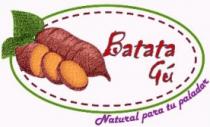 LA MARCA COMERCIAL SE LLAMA BATATA GU CONTIENE SU ESLOJAN A UN LADO EL CUAL ES NATURAL PARA TU PALADAR TAMBIEN TIENE COMO IMAGEN ILUSTRATIVA UN CAMOTE