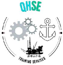 QHSE TRAINING SERVICES; LOGO REDONDO CON LETRAS QH COLOR AZUL AQUA Y LETRAS SE VERDE AQUA; CONTIENE IMAGEN COLOR GRIS DE TRES ENGRANES UNA ANCLA EN SU CONTORNO; PLATAFORMA EN COLOR NEGRO