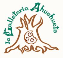 LA GALLETERÍA AHUEHUETE TIENE UNA LETRA GOTICA EN COLOR VERDE; ORDENADA EN CIRCUNFERENCIA; EN EL CENTRO DEL LOGO TIENE UN ÁRBOL CON UNA GALLETA EN EL CENTRO; EN COLORES CAFECES