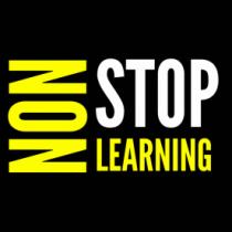 IMAGEN DEL LOGOTIPO EN LETRAS DE NON STOP LEARNING COLORES NEGRO; BLANCO Y AMARILLO