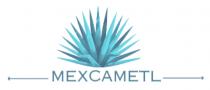 ARRIBA DEL NOMBRE DE MARCA SE UBICA UN DISEÑO ANIMADO DE AGAVE CON DISTINTAS TONALIDADES DE AZUL; ABAJO DEL DISEÑO ESTA EL NOMBRE MEXCAMETL JUNTO CON DOS FLECHAS A LA ORILLA; TODO ESTO EN COLOR AZUL.