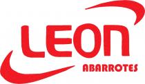ESTA FORMADO POR LAS PALABRAS LEON ABARROTES CON DOS SEMI CIRCULOS EN LOS EXTREMOS.
