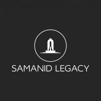 SAMANID LEGACY - комбинированное обозначение с использованием изображения и текстовых элементов. Используется на английском языке, заглавными буквами - переводится как НАСЛЕДИЕ САМАНИДОВ. Буквы и фигура ( скульптура) изображены в белом цвете. Фон используется черный.