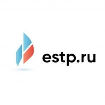 На белом фоне - двухцветная геометрическая фигура в виде треугольника и двух четырёхугольников с криволинейными сторонами, символизирующая парус; с правой стороны от рисунка написано название сайта площадки estp.ru шрифтом Gilroy bold, обозначающее наименование компании ООО «ЕСТП».