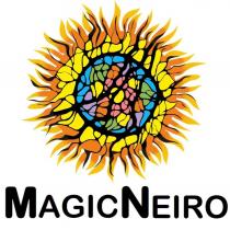 Словесный элемент представлен надписью «MagicNeiro» (транслитерация – «Мэджикнейро»), в котором «Magic» - волшебный; «Neiro» - нейро. Словесный элемент выполнен заглавными буквами латинского алфавита, шрифтом Arial Rounded TM Bold двух размеров.