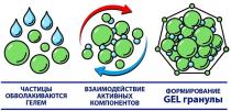 ЧАСТИЦЫ ОБВОЛАКИВАЮТСЯ ГЕЛЕМ ВЗАИМОДЕЙСТВИЕ АКТИВНЫХ КОМПОНЕНТОВ ФОРМИРОВАНИЕ GEL гранулы