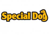 Special Dog. Обозначение выполнено оригинальным шрифтом желтого цвета буквами латинского алфавита. Вместо последней буквы g использовано обозначение собаки. Перевод с английского языка - особенная собака. Транслитерация - спешал дог.