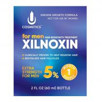 XILNOXIN XILNOXIN GROWTH FORMULA NOT FOR USE BY WOMEN COSMETICS ТМ for me HAIR RECROWTH TREATMENT CLINICALLY PROVEN TO HELP REGROW HAIR REVITALIZES HAIR FOLLICES EXTRA STRENGTH FOR MEN 5% MONTH 1 SUPPELY 2 FL OZ (60 ml) BOTTLE