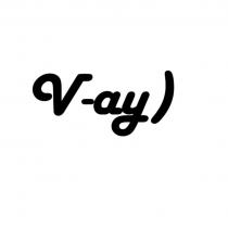 на белом фоне латинскими буквами черного цвета вверху располагается слово, написанное через дефис V-ay ) , в конце слова правая, закрытая круглая скобка