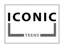 Словесное обозначение читается как ICONIC TEENS, выполнен стилизованным шрифтом стилизованный шрифт Myriad PRO в латинице заглавными буквами, транслитерация 