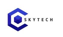 Словесный элемент выполнен в виде слова SKYTECH (транслитерация - СКАЙТЕХ), выполнен латинницей, заглавными буквами черного цвета, обычным шрифтом.