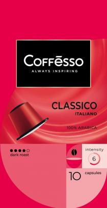 COFFESSO ALWAYS INSPIRING, DARK ROAST, CLASSICO ITALIANO, 100% ARABICA, INTENSITY, 6, 10, CAPSULES