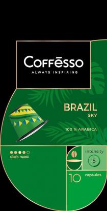 COFFESSO ALWAYS INSPIRING, DARK ROAST, BRAZIL SKY, 100% ARABICA, INTENSITY, 5, 10, CAPSULES