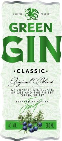 CRAFTED PRODUCT GREEN GIN CLASSIC ORIGINAL BLEND OF JUNIPER DISTILLATE, SPICES AND THE FINEST GRAIN SPIRIT BLENDED BY MASTER 40 VOL. 500 ML