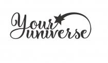 словосочетание your universe написано латинским шрифтом с визуальными элементами, слова связаны между собой дугой (последние буквы слов), написание тонкое, выполнено курсивным шрифтом