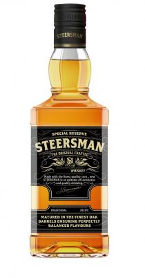 SM STEERSMAN J.STEERSMAN WHISKEY SPECIAL RESERVE THE ORIGINAL CRAFTED MADE WITH THE FINEST QUALITY CORN NEW STEERSMAN IS AN EPITOME OF LAVISHNESS AND QUALITY DRINKING TRADITIONAL RECIPE MATURED IN THE FINEST OAK BARRELS ENSURING PERFECTLY BALANCED FLAVOURS