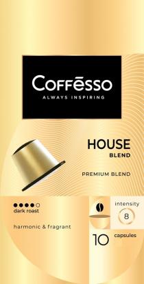 COFFESSO ALWAYS INSPIRING DARK ROAST HARMONIC & FRAGRANT HOUSE BLEND PREMIUM BLEND INTENSITY 8 10 CAPSULES
