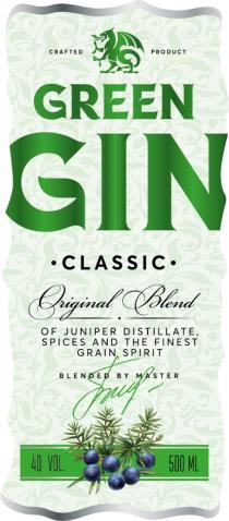 GREEN GIN CLASSIC ORIGINAL BLEND OF JUNIPER DISTILLATE SPICES AND THE FINEST GRAIN SPIRIT BLENDED BY MASTER CRAFTED PRODUCT
