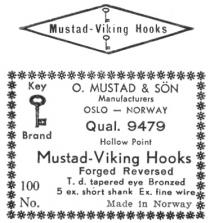 MUSTAD VIKING HOOKS OSLO NORWAY KEY BRAND FORGED REVERSED HOLLOW POINT BRONZED