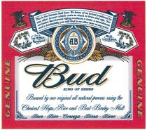 BUD АВ AB BUD KING OF BEERS GENUINE THE WORLD RENOWNED LAGER BEER CHOICEST HOPS RICE AND BEST BARLEY MATT OUR EXCLUSIVE BEECHWOOD AGINGAGING