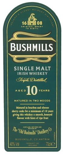 BUSHMILLS OLDBUSHMILLS OLD BUSHMILLS SINGLE MALT IRISH WHISKEY MATURED IN TWO WOODS 1608 ORIGINAL GRANT TO DISTILDISTIL