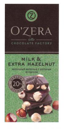 OZ OZERA THE CHOCOLATE FACTORY MILK & EXTRA HAZELNUT МОЛОЧНЫЙ ШОКОЛАД С ЦЕЛЬНЫМ ФУНДУКОМ 20% ЦЕЛЬНЫХ ОРЕХОВO'Z O'ZERA ОРЕХОВ