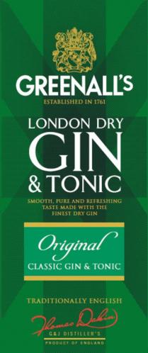 GREENALLS ESTABLISHED IN 1761 LONDON DRY ORIGINAL CLASSIC GIN & TONIC TOMAS DAKIN G&J DISTILLERS PRODUCT OF ENGLAND SMOOTH PURE AND REFRESHING TASTE MADE WITH THE FINEST DRY GIN TRADITIONALLY ENGLISHGREENALL'S DISTILLER'S ENGLISH