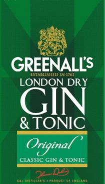 GREENALLS ESTABLISHED IN 1761 LONDON DRY ORIGINAL CLASSIC GIN & TONIC TOMAS DAKIN G&J DISTILLERS PRODUCT OF ENGLANDGREENALL'S DISTILLER'S ENGLAND