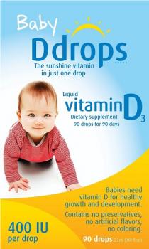 DDROPS BABY THE SUNSHINE VITAMIN IN JUST ONE DROP LIQUID VITAMIN D3 DIETARY SUPPLEMENT 90 DROPS FOR 90 DAYS 400 IU PER DROP BABIES NEED VITAMIN D FOR HEALTHY GROWTH AND DEVELOPMENT CONTAINS NO PRESERVATIVES NO ARTIFICIAL FLAVORS NO COLORING 90