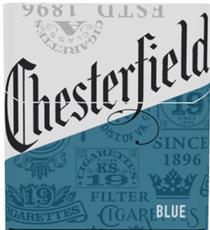 CHESTERFIELD BLUE ESTD 1896 CIGARETTES CLASS A SINCE 1896 FILTER DIST. OF VA. U.S., I.R. 20 KS 19U.S. 19