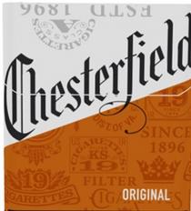 CHESTERFIELD ORIGINAL ESTD 1896 CIGARETTES CLASS A SINCE 1896 FILTER DIST. OF VA. U.S. I.R. 20 KS 1919
